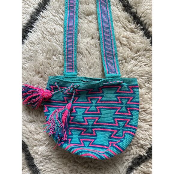 Authentic 100% Wayuu Mochila Colombian Bag cotton candy bohemian blue pink neon - Picture 2 of 16
